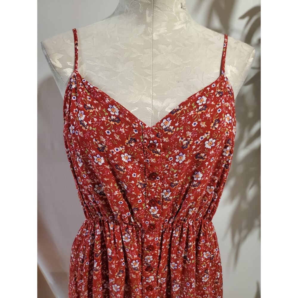 Vtg 90s Y2K Justify Floral Smocked Button Dress Junior Sz L Red Cottage Pockets - Picture 5 of 12